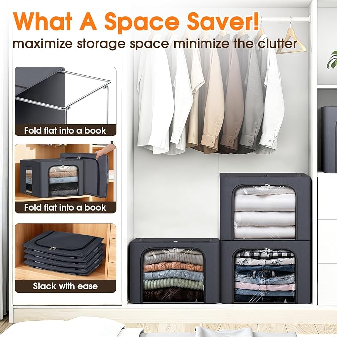 3 Pack Clothes Storage Bins with Metal Frame,40L Storage Bags Fabric Box Organizer with Clear Window,Zippers,Sturdy Handles(3 Pcs,Light Grey,40L) - Image 3