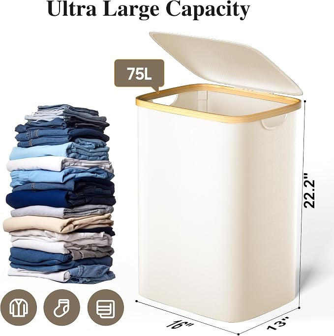 Foluck Large Laundry Hamper, 75L Waterproof Laundry Basket with Lid and Removable Bag, Collapsible Tall Clothes Hamper with Bamboo Handles for Clothes Toys in Dorm Bedroom Bathroom, Beige, ZYL201-W - Image 2