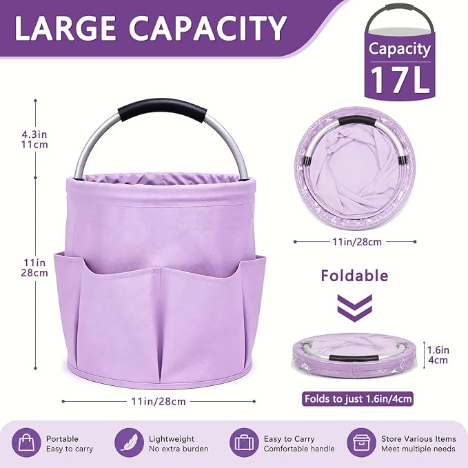 Cleaning Caddy with Handle, 17L Foldable Storage Basket, Heavy Duty 600D Oxford Cloth Organizer, Portable Supply Bag, Multi-Purpose Supplies Caddy for Home, Bathroom, Kitchen, Garden - Purple - Image 2