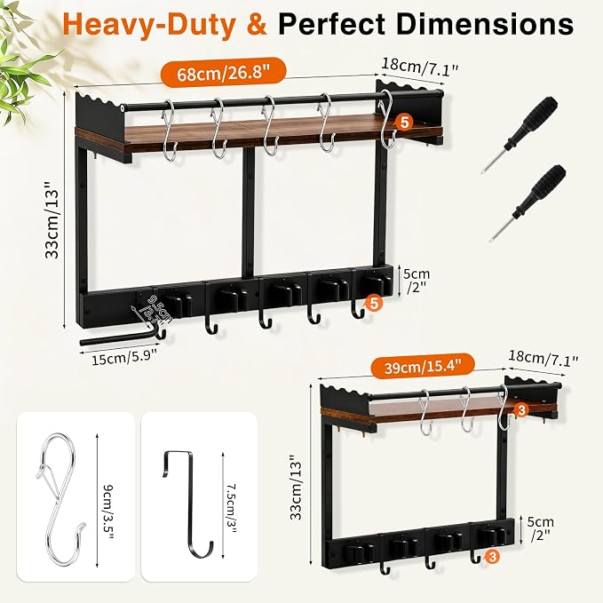 Broom Holder Wall Mount, Broom and Mop Organizer Wall Hanging with Vacuum Stand and & Hooks, Heavy Duty Laundry Organization & Storage, Utility Racks with Wood Shelf & Guard (S) - Image 5