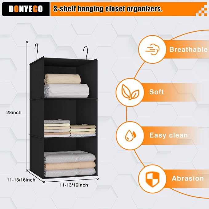 Hanging Closet Organizer 3-Shelf, Oxford Fabric Wardrobe Storage, Black | Easy-mount foldable design holds clothes, handbags, shoes & accessories; washable Oxford fabric, sturdy and space-saving. - Image 3