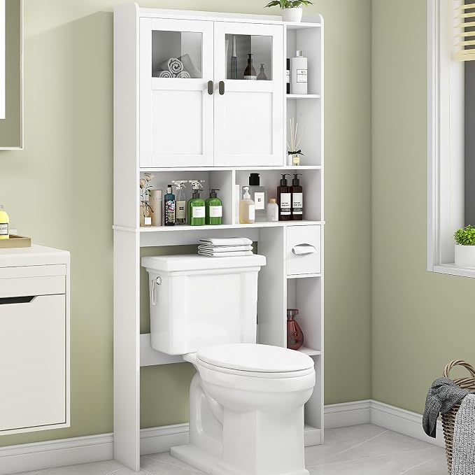 Vabches Over The Toilet Storage Cabinet with Doors and Shelves, White by Vabches