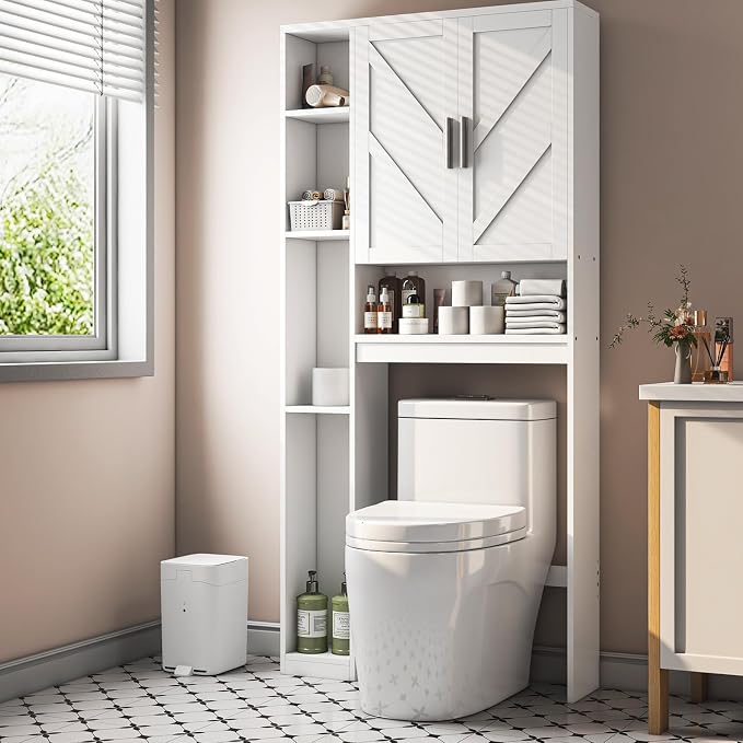 Over The Toilet Storage Cabinet with 7 Storage Shelves, Above Toilet Bathroom Organizer with Toilet Paper Holder Stand, Behind Toilet Cabinet, Space Saver for Restroom, Bathroom, Laundry, White by KNOWORLD