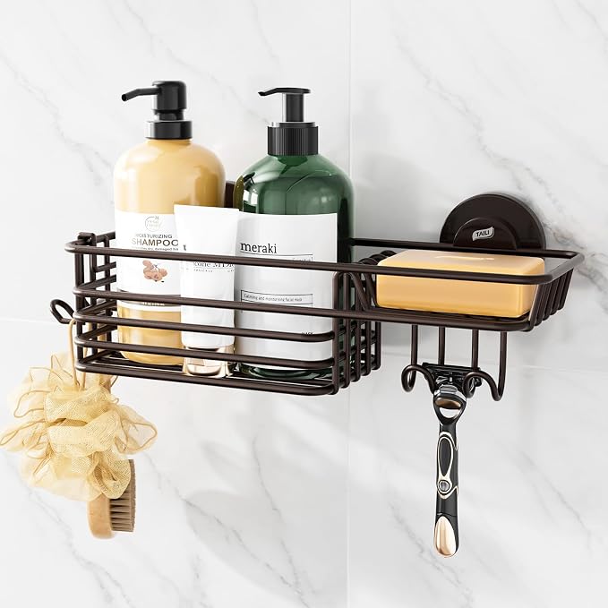TAILI Shower Caddy Suction Cup with Hooks & Soap Holder, Brown Shower Shelf by TAILI