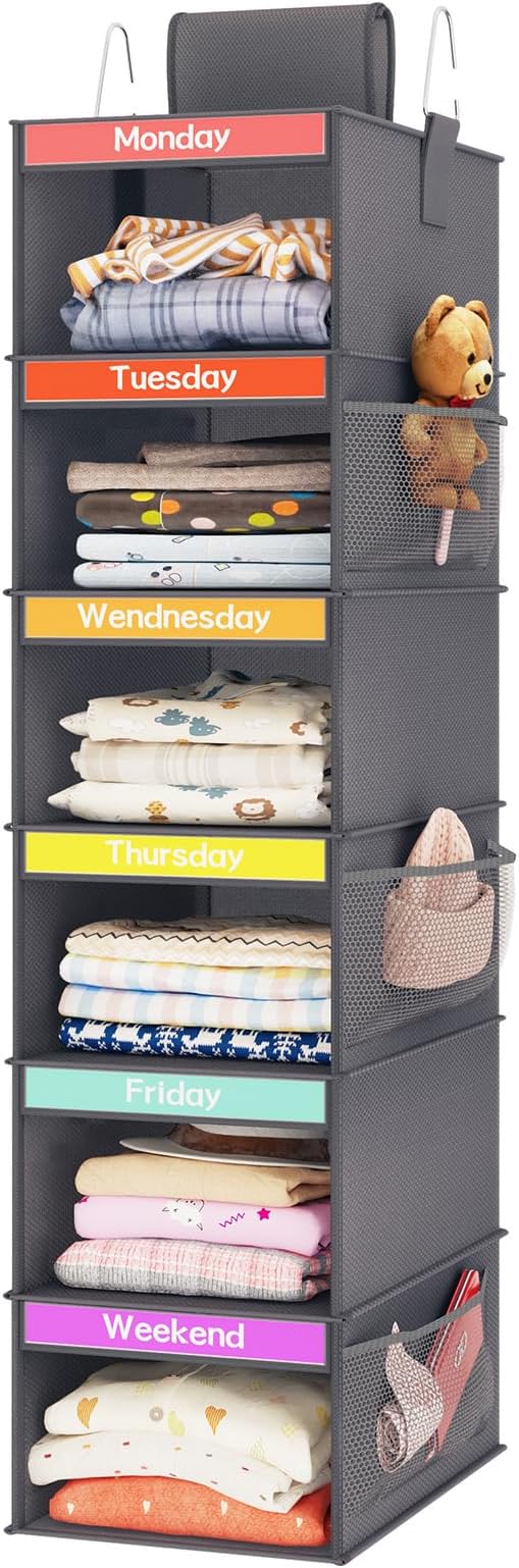 Weekly Kids Clothes Organizer 6-Shelf Hanging Closet Storage Dark Grey | Nonwoven Fabric, 6 Daily Shelves, 6 Mesh Side Pockets, 2 Metal Hooks, Foldable Design, for Kids Outfits and Accessories by Fixwal