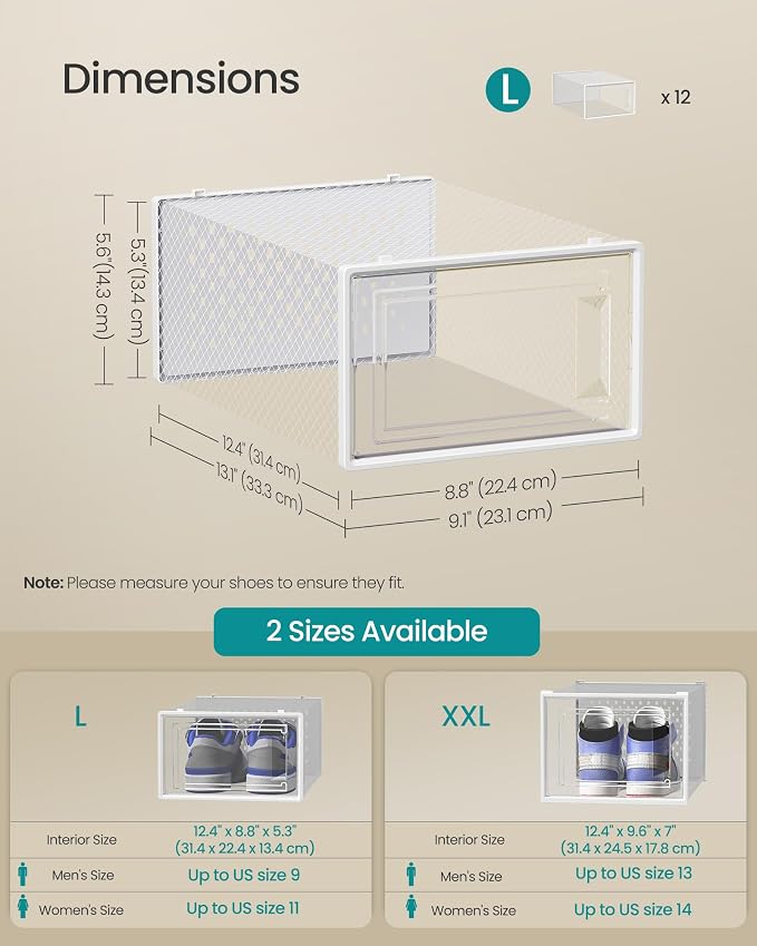 SONGMICS Shoe Boxes, Clear Plastic Sneaker Box, Pack of 12 | Stackable Shoe Storage Organizers, for Closet, 13.1 x 9.1 x 5.6 Inches, Transparent and White, DENNYS Collection ULSP12SWT - Image 5