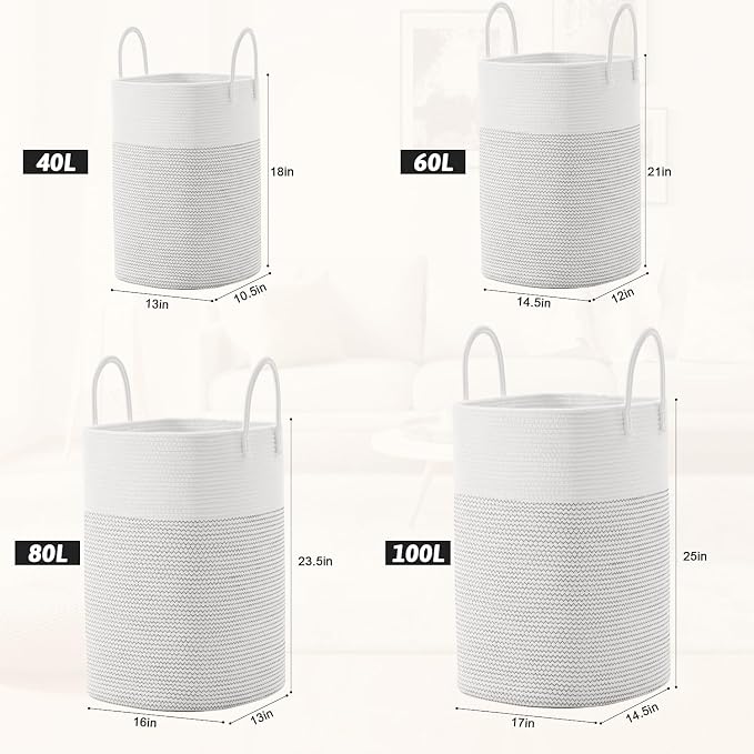 Laundry Basket,Woven Cotton Rope Laundry Hamper,Versatile Storage for Dirty Clothes,Baby Toys,and Blankets in Bathroom, Nursery,and Living Room (White, 100L) - Image 3
