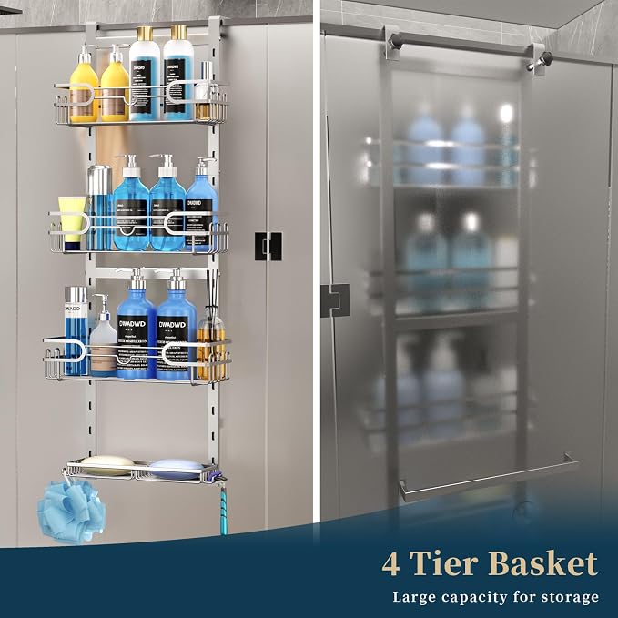 Consumest Over The Door Shower Caddy - 4 Tier Adjustable Hanging Shower Organizer Shelf with 2 Soap Holders & 22 Hooks, Rustproof Easy Installation Hanging Storage Rack for Bathroom, Silver - Image 6