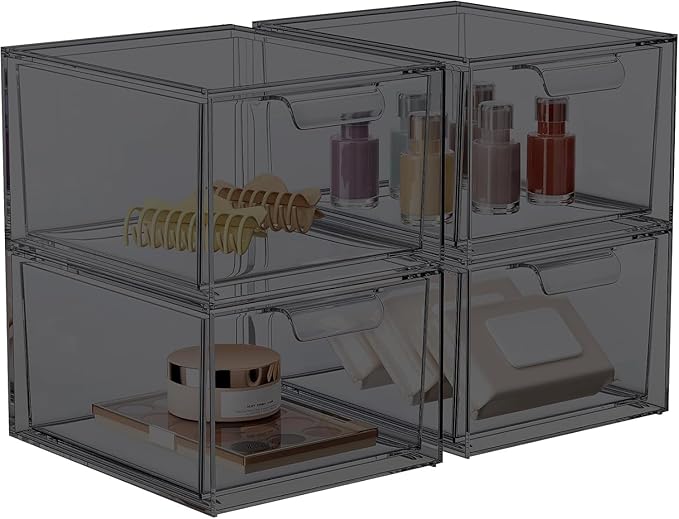 4 Pack Stackable Acrylic Makeup Organizer, Smoke Black Storage Drawers by SpaceHacks