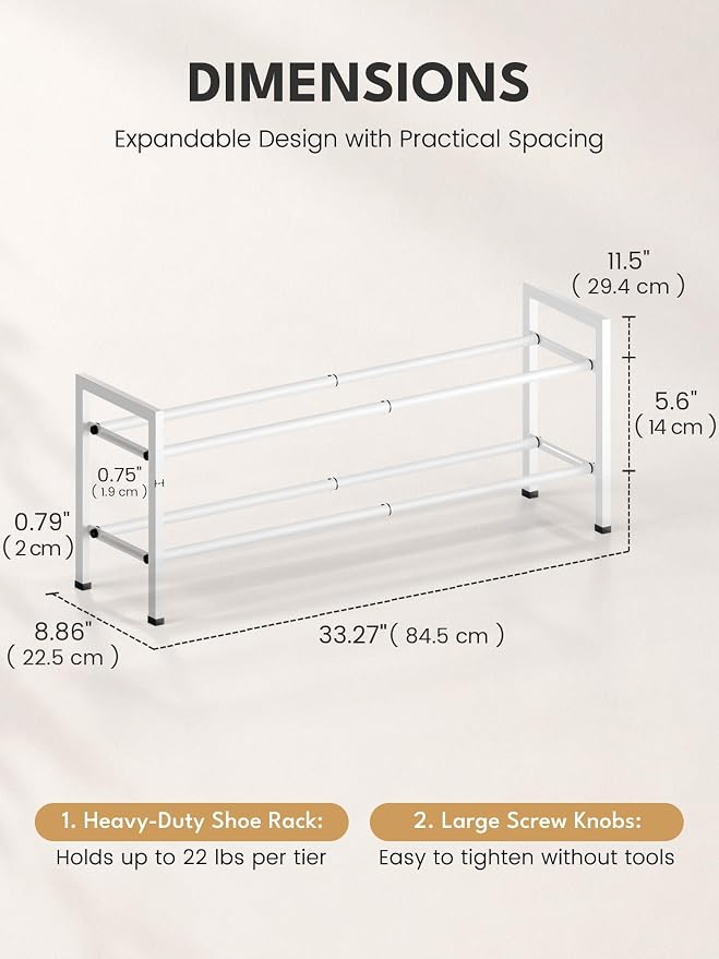 Bumusty 2 Tier Expandable Shoe Rack for Closet, White | 18"-33" Adjustable Shoe Rack for Entryway, Small Shoe Organizer for Dorm, Front Door, Sturdy Metal - Image 2