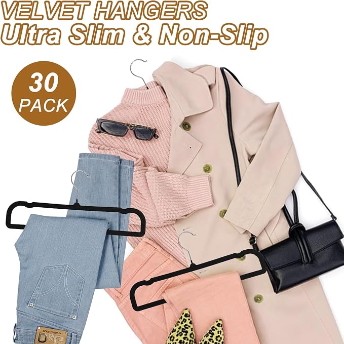 Pants Hangers Space Saving, 30 Pack Velvet Hangers for Closet with 30 Hooks, Strong Durable Non Slip Slim Clothes Hanger, Ultra Soft Flocked Hanger for Pants, Shirts, Bra, Shorts (Black) - Image 5