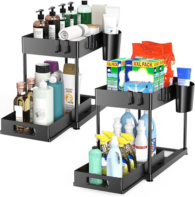 2 Pack Under Sink Organizer with Pull-Out Drawer, Black by FJFEOIYE