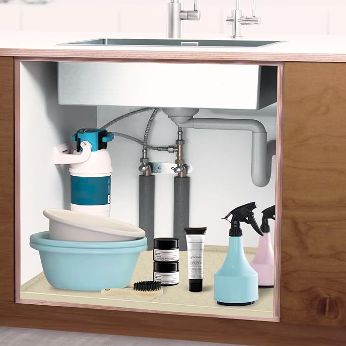 Under Sink Mat, 19"x22" Under Sink Mats for Kitchen, Silicone Waterproof Under Sink Liner, Sink Cabinet Organizer Tray with Drain Hole (Beige, 19X22) - Image 6