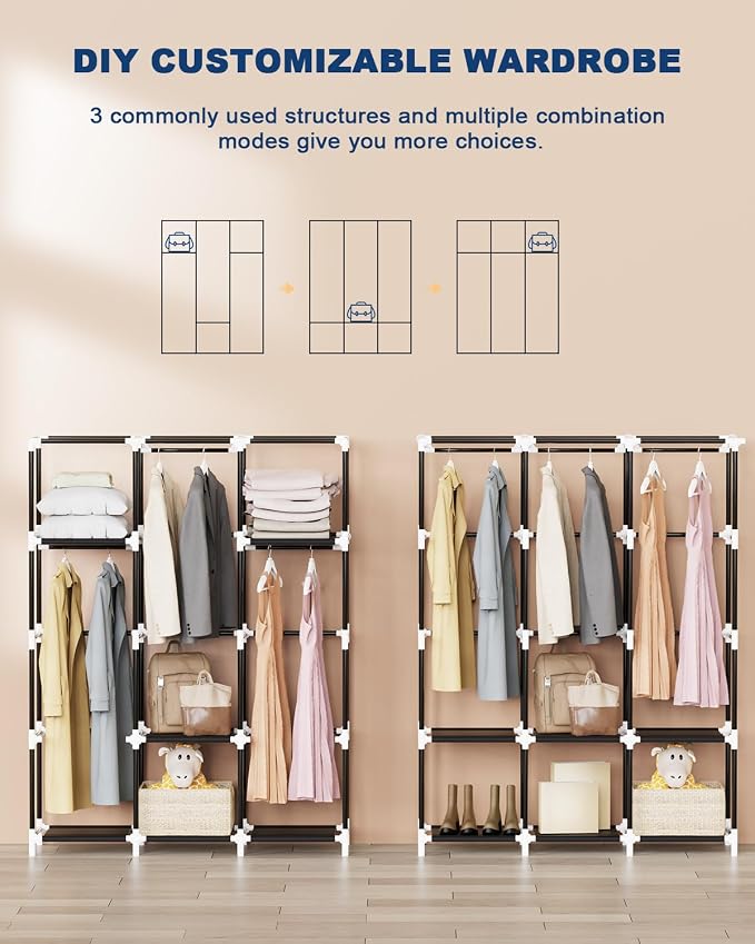 Mavivegue Portable Closet, 50 Inch Wardrobe Closet, Portable Closets for Hanging Clothes with 3 Hanging Rods and 6 Storage Shelves for Bedroom, Black - Image 7