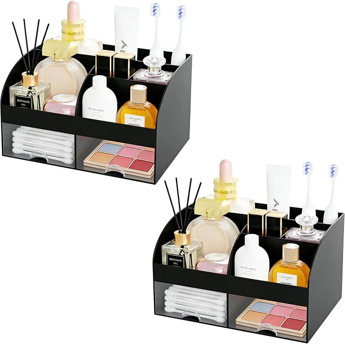 Makeup Organizer with 2 Drawers, Cosmetic Storage for Dresser Vanity and Bathroom Countertop,Make up organization and Skincare Storage with Beauty Brush Holder, Cosmetic Display Case 2Pcs Black by DIRZHX
