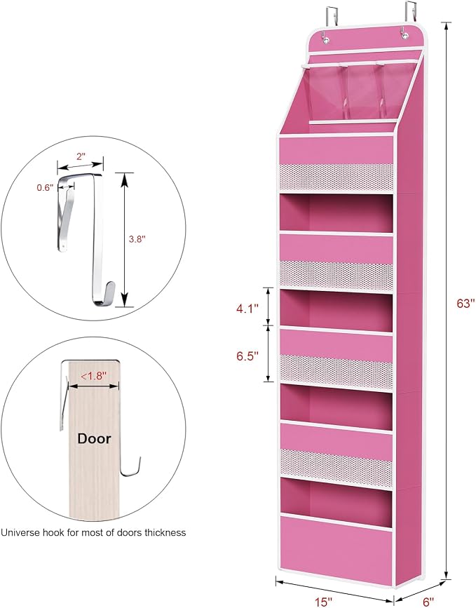 Univivi Fabric Over Door Hanging Organizer for Baby Nursery, Pink, 6-Shelf - Image 3