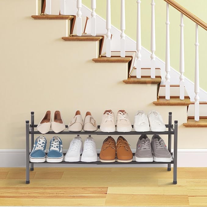 STORAGE MANIAC Expandable Shoe Rack for Closet, 8 Pairs Stackable Small Shoe Rack, Metal Adjustable Shoes Organizer for Entryway, Hallway, Garage, Front Door, Shoes Shelves, Black 2 Tier - Image 8