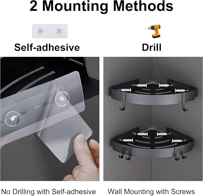 DUFU Adhesive Corner Shower Caddy with Hooks, Black, 2 Pack - Image 4