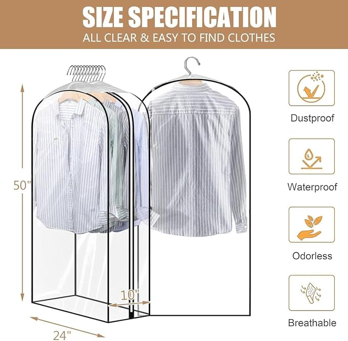 5 Pack 50" All Clear Garment Bags for Hanging Clothes Storage, 10" Gusseted Large Capacity Garment Rack Cover, Large Hanging Clothing Bag for Dress Gowns, Coats, Suit, Down Jacket - Image 3