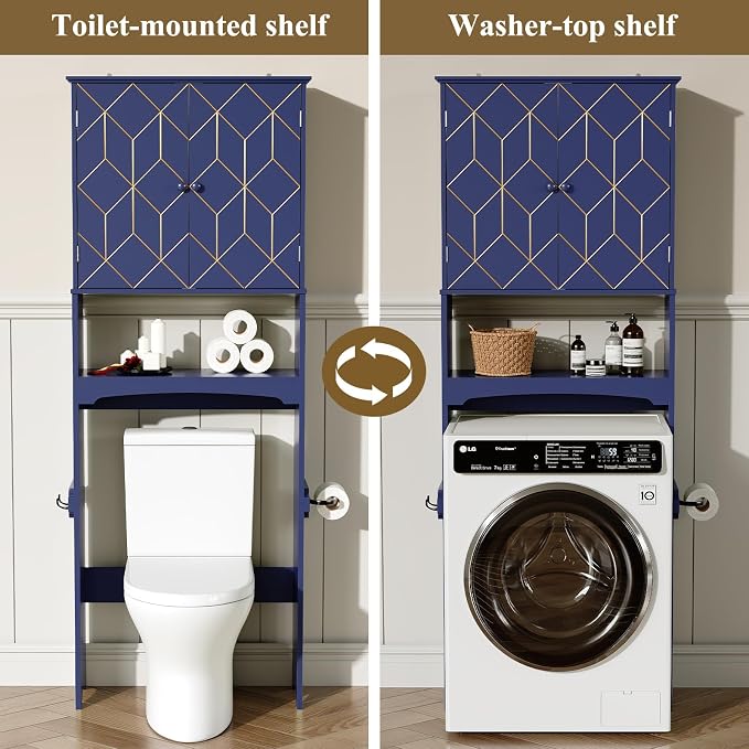 HLR Over The Toilet Storage Cabinet with Gold Trim, Over Toilet Bathroom Organizer with Adjustable Shelves and Toilet Paper Holder, Above Toilet Storage Cabinet Spacesaver for Bathroom (Blue) - Image 6