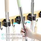 Mop and Broom Holder Wall Mount - Bamboo Broom Mop Hanger - Wall Mounted Garden Tool Rack Organizer for Closet Garage Laundry Room Kitchen Decor With 5 Slots & 4 Hooks (Bamboo) - Image 3