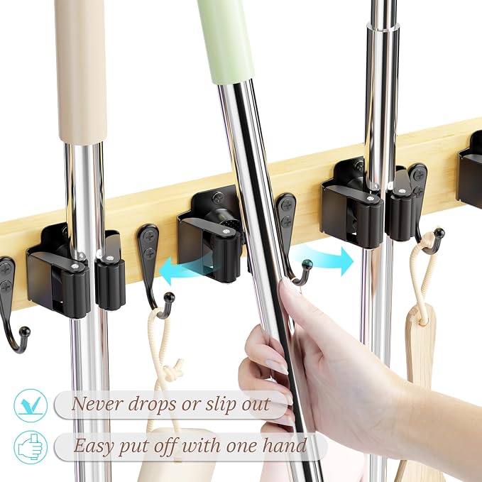 Mop and Broom Holder Wall Mount - Bamboo Broom Mop Hanger - Wall Mounted Garden Tool Rack Organizer for Closet Garage Laundry Room Kitchen Decor With 5 Slots & 4 Hooks (Bamboo) - Image 3