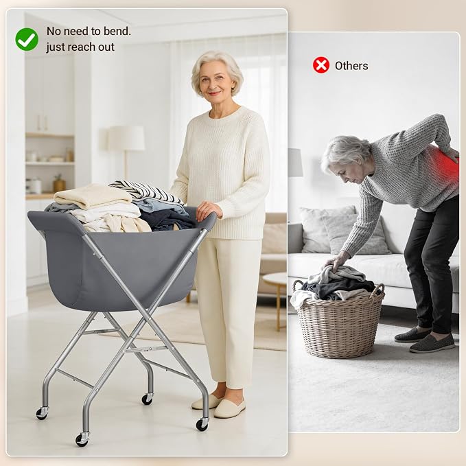 ELYKEN Laundry Basket with Wheels, Collapsible Laundry Hamper, Gray - Image 8