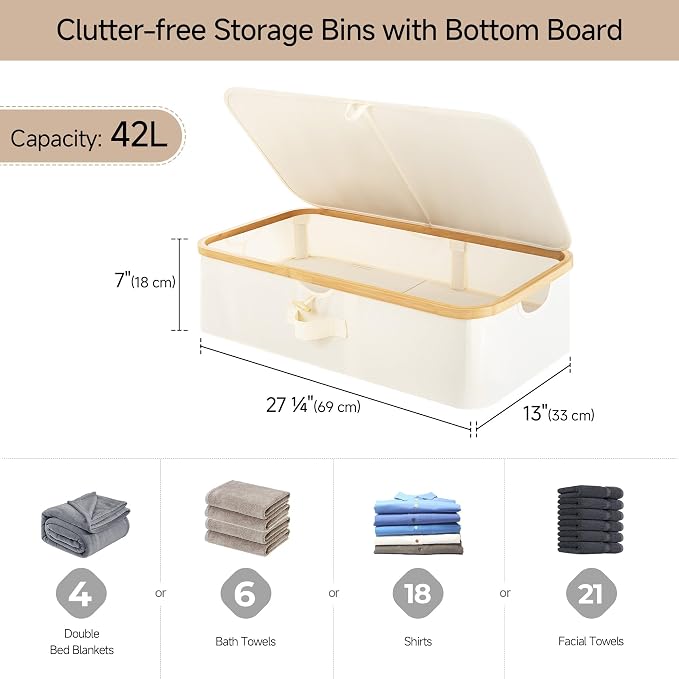 StorageWorks 7" Low Profile Underbed Storage Containers with Bamboo Frame | Strong Frame Resists Sagging, Buckle Flip-Top Lid, Fabric Handles, Foldable Stackable Design, for Dorms, Bedrooms & Closets - Image 5
