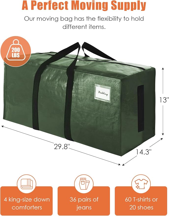 SWEET DOLPHIN 8 Pack 200LB Heavy-Duty Moving Bags with Wrap-Around Handles, Extra Large Storage Totes for Space Saving, Clothes Storage Bags, College Dorm Essentials, Green, 24 Gal - Image 4