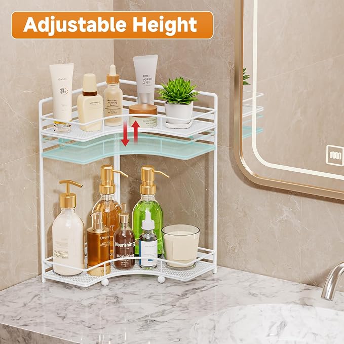 VITVITI 2-Tier Corner Bathroom Counter Organizer, Bathroom Countertop Organizer Storage for Sink, Metal Mesh Makeup Organizer for Vanity Countertop Kitchen with Hooks,White - Image 4