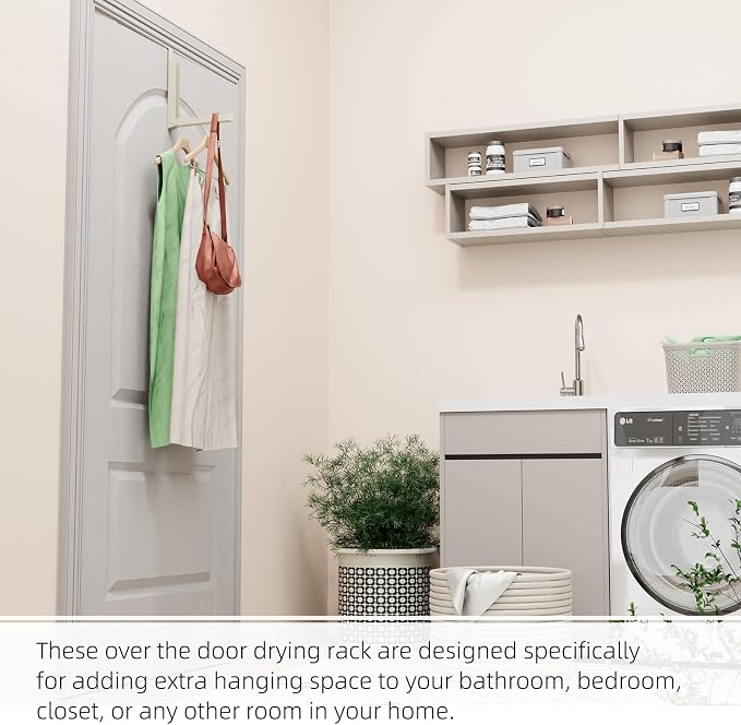 BAKON Over The Door Hanger Folding Clothes Drying Rack, Folding Hanging Coat Rack for Indoor Laundry Room Compact Small Space Foldable Portable Clothing Hanger Hook Collapsible-2 Pack (Beige) - Image 8