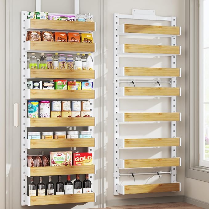 8 Tier Over the Door Pantry Organizer with Adjustable Wooden Baskets, Heavy Duty 2 in 1 Wall Mounted & Hanging Spice Rack for Kitchen, Cabinet and Closet Organization by DAOTENGQL
