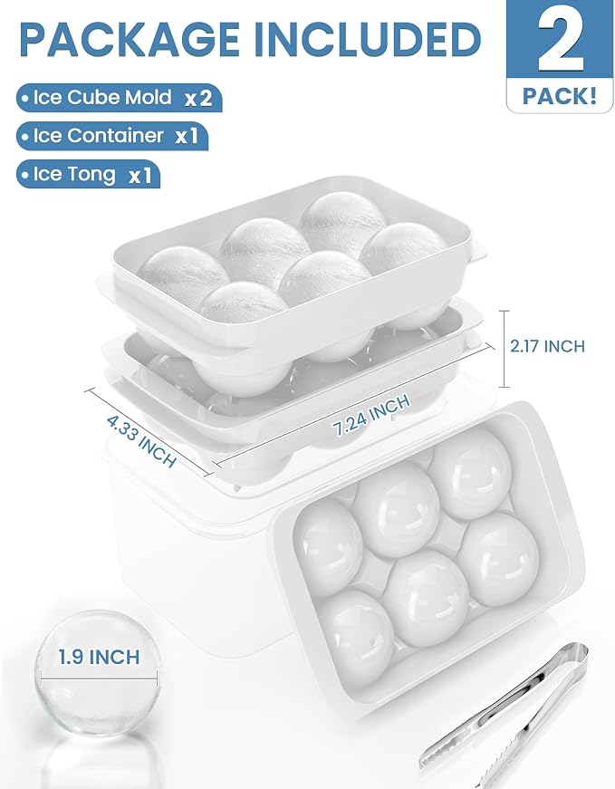 Large Ice Cube Tray for Freezer - 2 Pack Stackable Round Ice Cube Molds Set, Easy to Fill & Release with Storage Bin and Tongs for Kitchen, Party, Cocktail & Coffee, Gifts for Whiskey Lover (1.93In) - Image 2