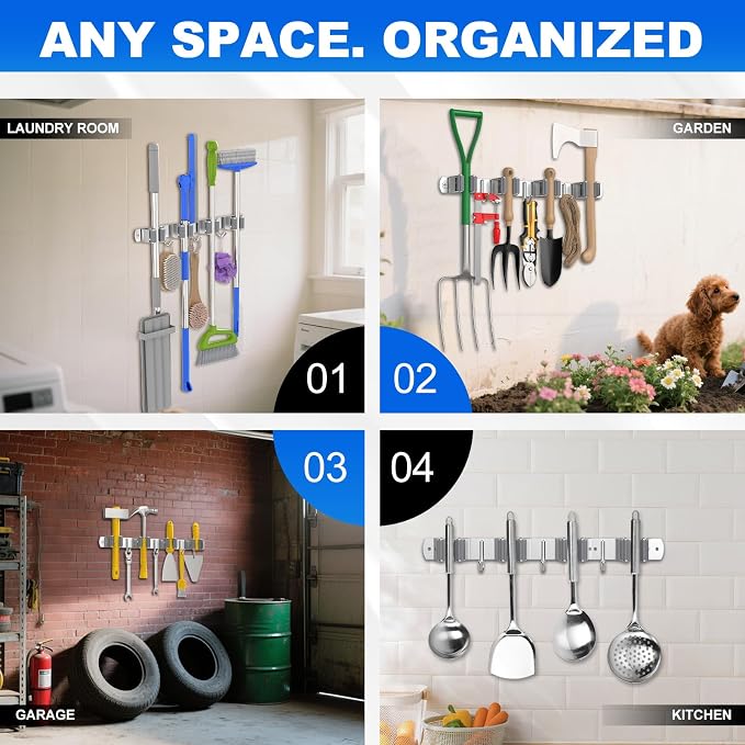 Broom Holder Wall Mount Mop Organizer, 4 Racks 3 Hooks, 2 Pack - Image 7