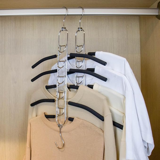 5-in-1 Anti Slip Stainless Metal Clothes Hange,Space Saving Thin Shirt Hangers,Multi Layers Magic Sweater Hanger,Used for Wardrobe Organizer or Vacation and Business Trips (1, Black) - Image 7