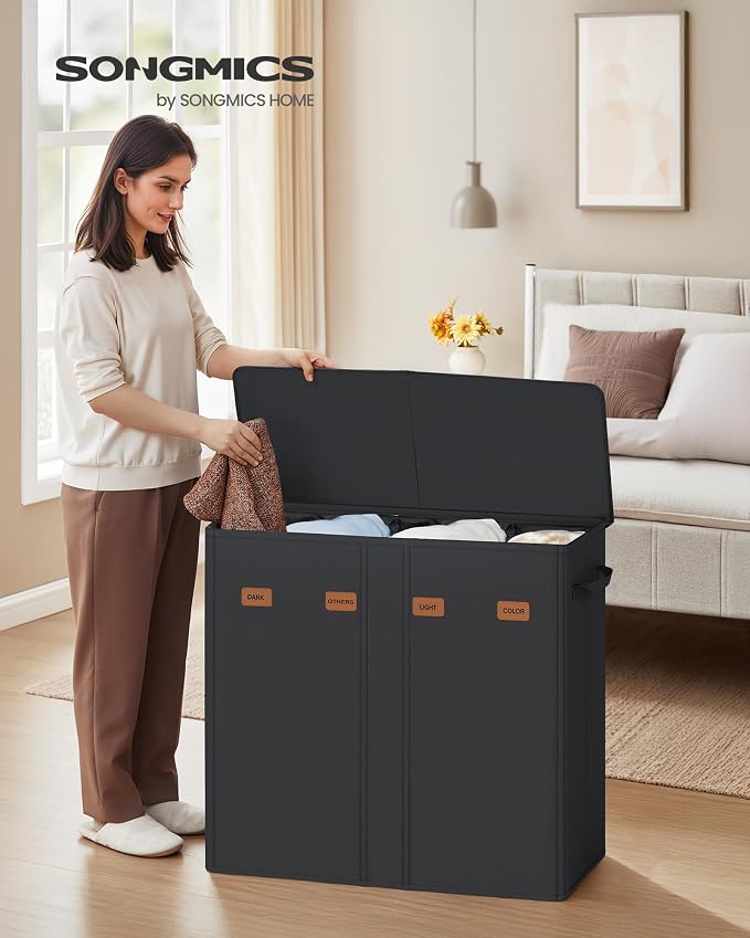 SONGMICS 210L Laundry Hamper, 4-Compartment Laundry Sorter with Lid - Image 2