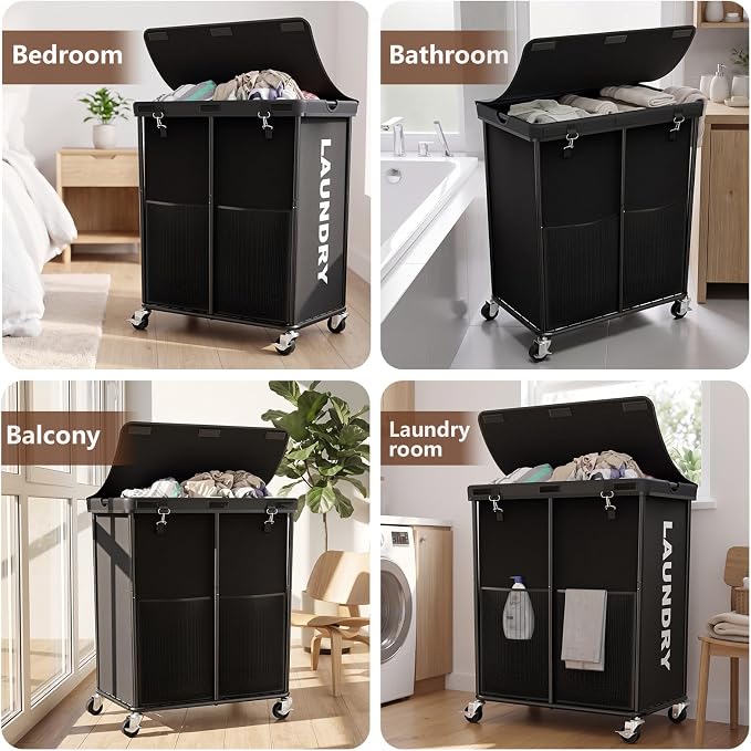 Laundry Hamper with Wheels and Lid, 225L Large Rolling Laundry Basket Black - Image 6