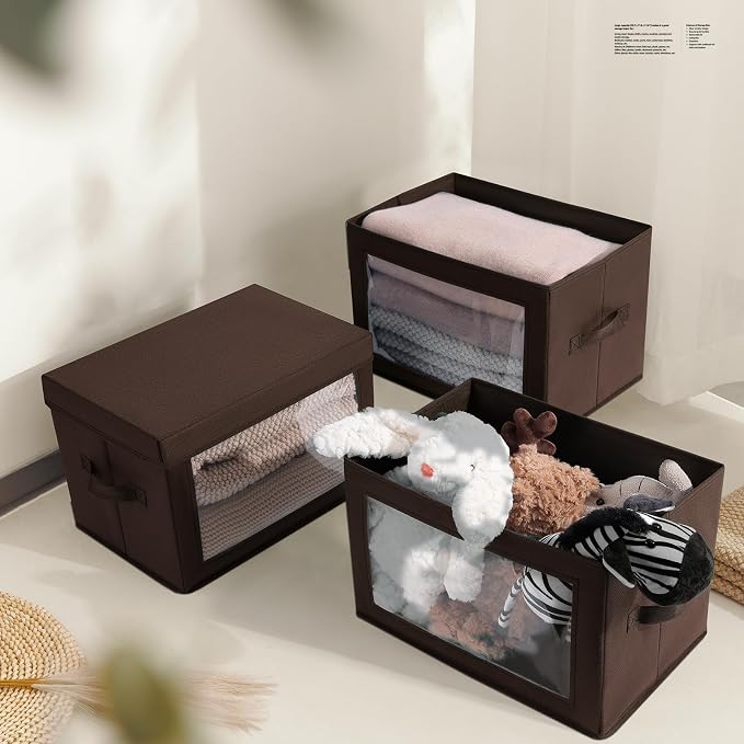 Homsorout Collapsible Storage Bins with Clear Window - Clothes Organizers and Storage, Decorative Boxes with Lid, Fabric Storage Cube, Storage Baskets for shelves, Yarn, Home, Brown, 4-Pack - Image 6