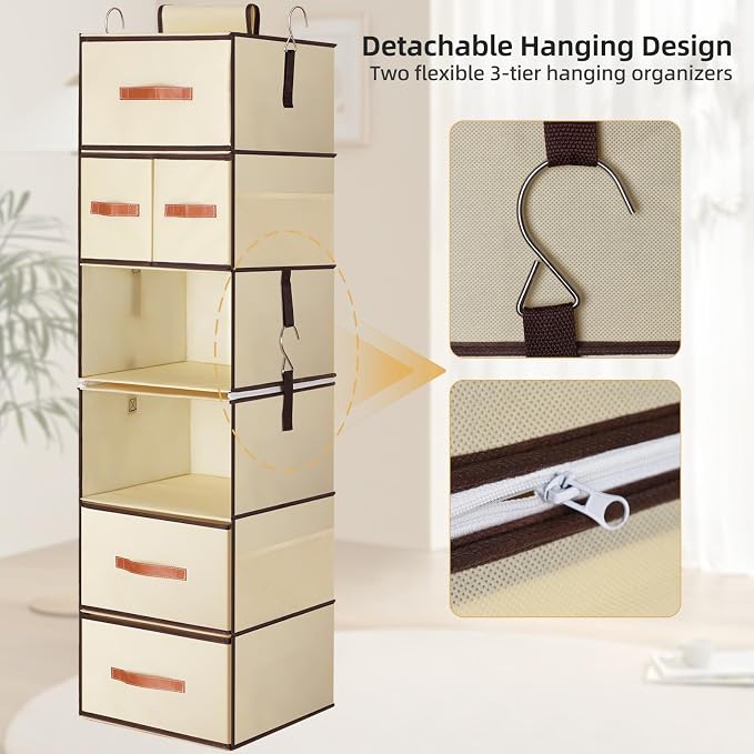 Hanging Closet Organizer 6-Shelf, Upgrade Closet Organizers and Storage with 5 Removable Drawers & 4 Side Pockets, Hanging Shelf Organizer for Closet or Garment Rack, 12.6'' x 12.6'' x 44.1'', Beige - Image 7