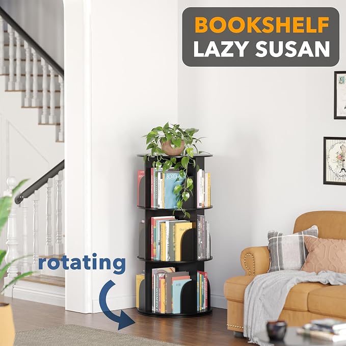 SpaceAid 3 Tier Rotating Bookshelf Tower, Spinning Bookcase Lazy Susan, Revolving 360 Book Shelf Storage Round Carousel, Vertical Rotate Turning Spiral Corner Organizer, Black - Image 4