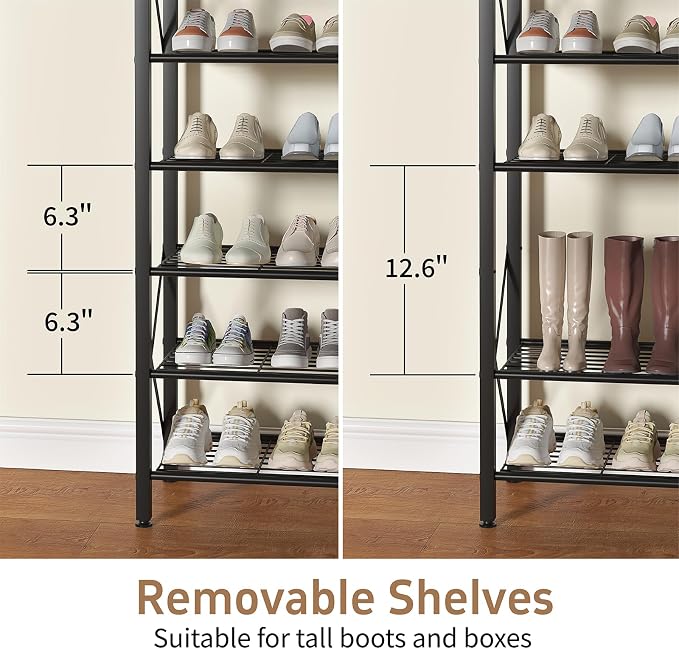 10-Tier Shoe Rack Holds 40 Pairs, Space Saving Shoe Organizer for Entryway Closet Apartment, Industrial Metal Shoe Shelf with Wooden Top, Rustic Brown - Image 5