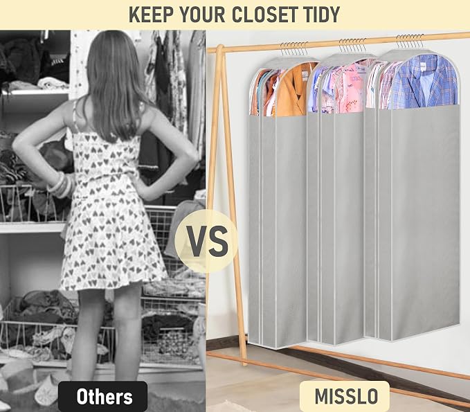 MISSLO 10" Gusseted Garment Bags for Hanging Clothes Storage 60" Dress Bags for Gowns Long Breathable Dress Cover for Closet Storage Coat Protector, 3 Packs, Grey - Image 7