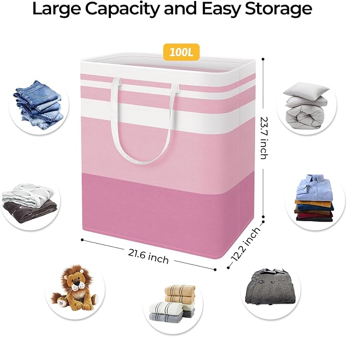 HomeHacks 2 Pack Laundry Baskets, Laundry Hampers Bags (Grey+Pink 100L) | Waterproof, Freestanding, Collapsible Clothes Hamper with Reinforced Handles in Laundry Room, Dorm, Bathroom, Bedroom - Image 4