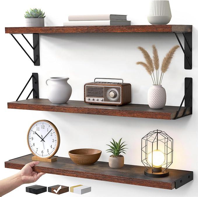 BAYKA Floating Wall Shelves for Bedroom, Wood, Rustic Brown, Set of 3, 23in by Bayka