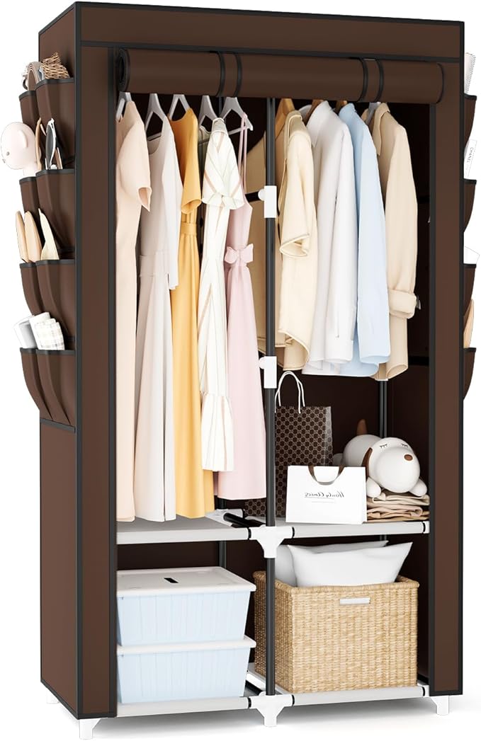 Portable Closet for Hanging Clothes, Portable Wardrobe Closet with Cover, 4 Storage Shelves, 2 Hanging Rods and 8 Side Pockets Easy Assembly and Sturdy Free Standing Closet for Bedroom Brown by BRFOYU