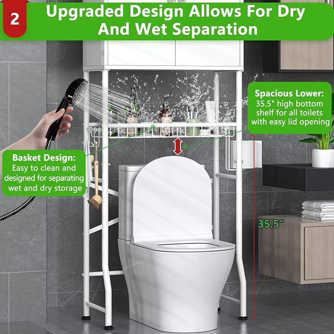 Over The Toilet Storage Cabinet - 2-Door Design Bathroom Organizers Shelf, Freestanding Space-Saver Above Toilet Storage Cabinet with Privacy Protection Rack, Water-Resistant Toilet Shelves (White) - Image 3