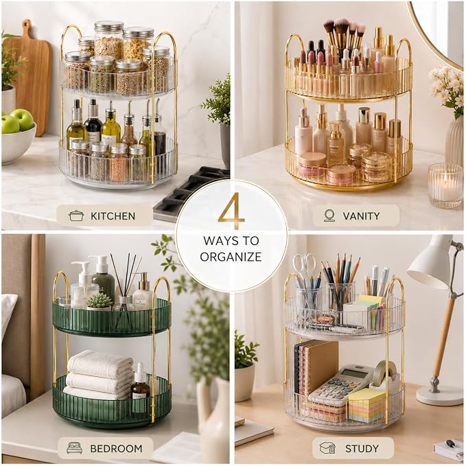 360° Rotating Organizer, Lazy Susan Bathroom Counter Organizer for Perfume, Skincare, Makeup & Cosmetic Storage, Vanity Countertop Organizer, Green, 2-Tier - Image 3