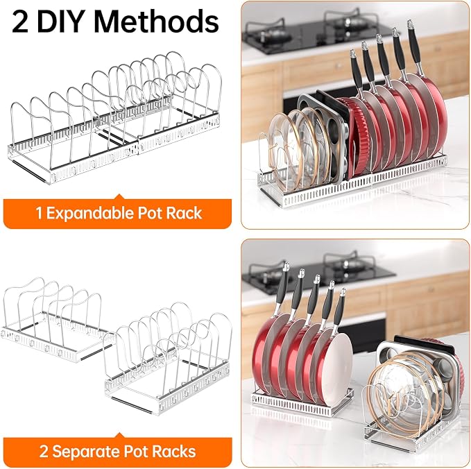 MUDEELA Expandable Pot Pan Lid Organizers inside Cabinet, 12 Divider-Silver - Image 6