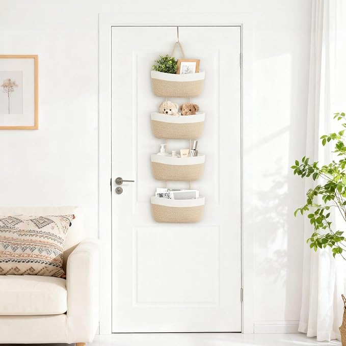 Over The Door Hanging Basket Storage 4-Tier Woven Wall Basket, Jute & White - Image 3
