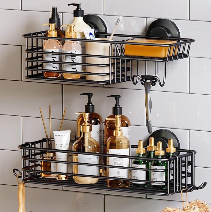 TAILI Shower Caddy Suction Cup 2 Pack with Hooks & Soap holder, Black by TAILI